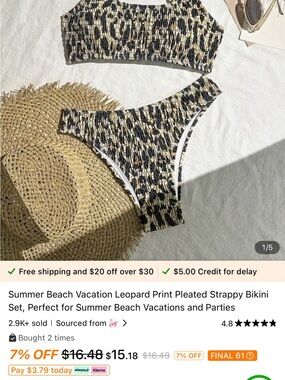 Smocked Leopard Print Bikini Set - XL (Fits like M or L)